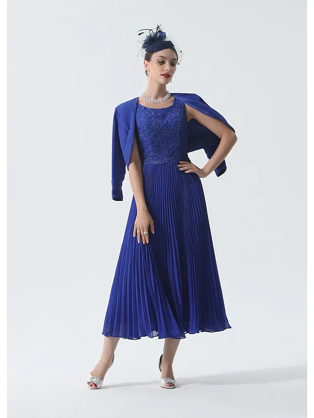 Wholesale Two Piece Mother of the Bride Dress Elegant & Luxurious Wrap Included Scoop Neck Tea Length Chiffon 3/4 Length Sleeve with Lace Ruching